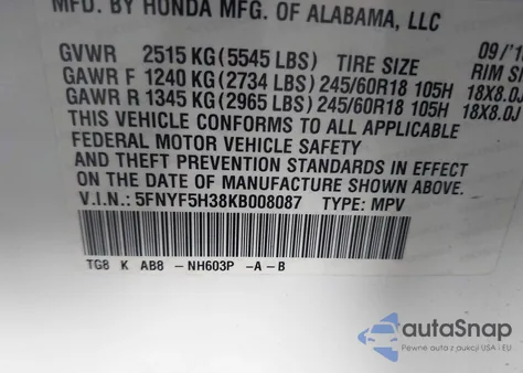 2019 Honda Pilot Ex from USA, damaged, VIN 5FNYF5H38KB008087